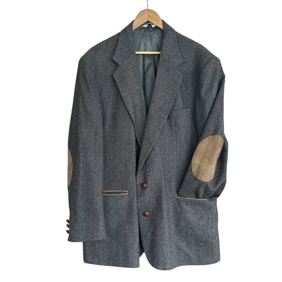 Hunt Valley 100% Pure Wool Brown Tweed Blazer 48L Suede Elbow Patches Made in US - Picture 1 of 12